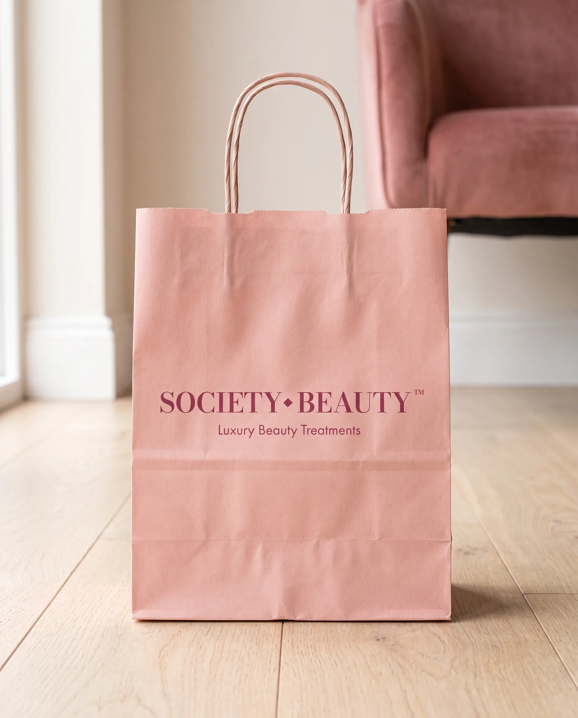 Roze papieren draagtas van Society Beauty met logo in ruby op een houten vloer