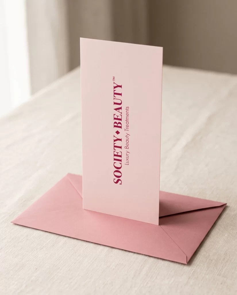 Roze cadeaubon van Society Beauty met logo in ruby op een roze envelop