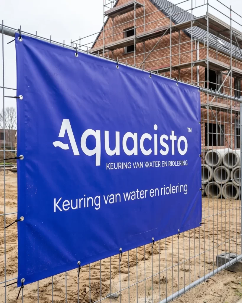 Blauwe werfbanner van Aquacisto aan een bouwhek voor een nieuwbouwwoning in aanbouw