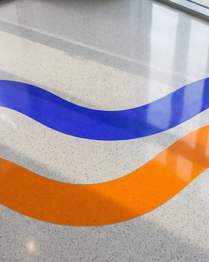 Blauwe en oranje golf uit de huisstijl van Aquacisto als inlay in een terrazzovloer